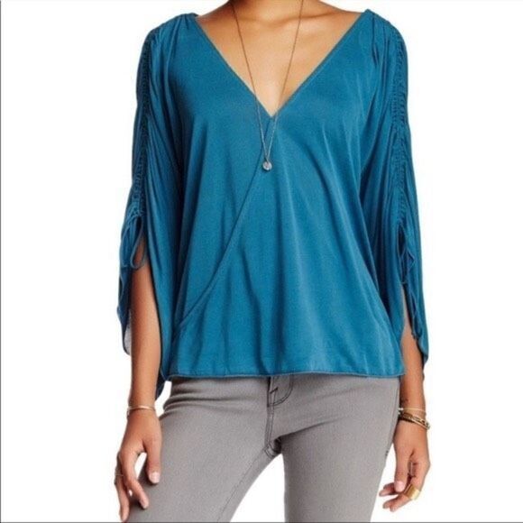 Free People Salt N Peppa Strappy Ruched Sleeve Modal Blend Jade Green Blue Top M - Picture 9 of 11